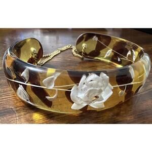 Lucite Bracelet Vtg Cuff Clear Tortoise Color Etched White Flowers Reverse Carve